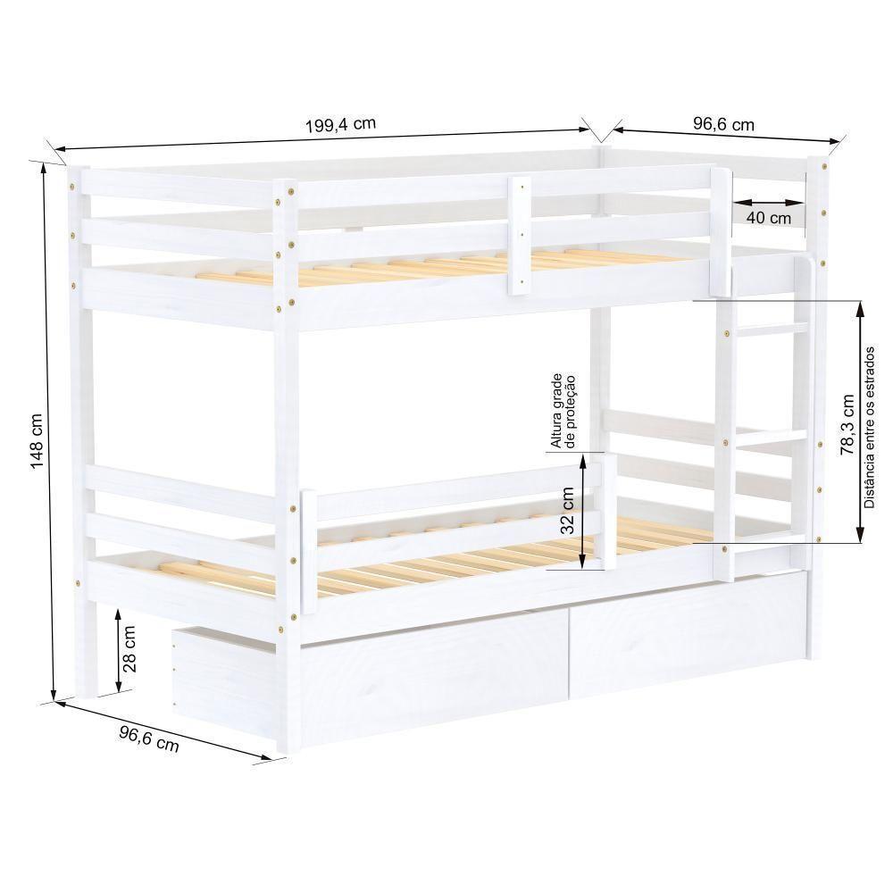 Beliche Solteiro Slim Com 02 Gavetas E Grade De Proteção Madeira Maciça Branco Housin - 5