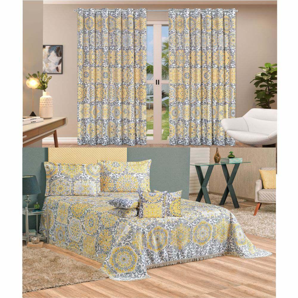 Kit Belline Colcha Padrão Com Capas Almofadas + Cortina 3 Mts - Bege - 1