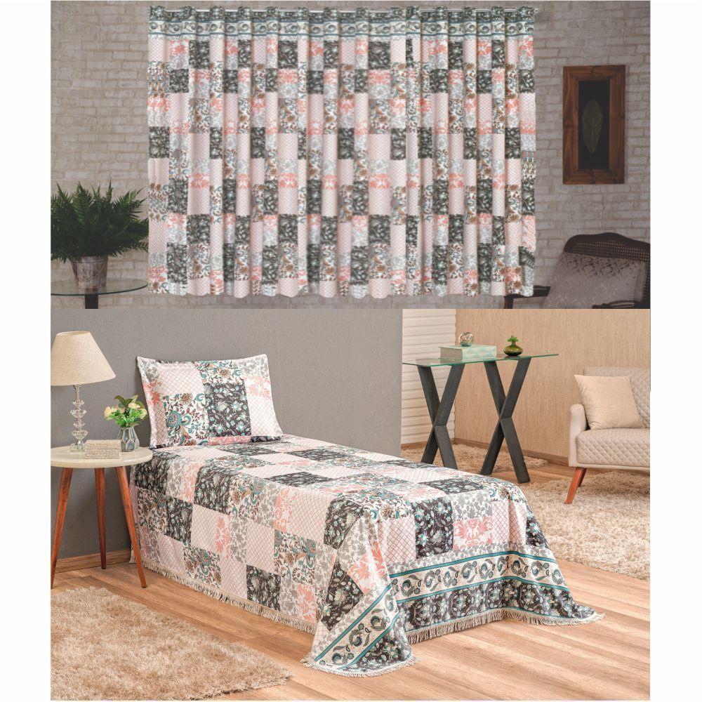 Kit Belline Colcha Solteiro + Cortina 2 Metros 3 Peças - Salmão - 1