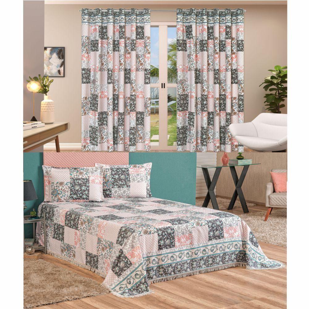 Kit Belline Colcha Casal Padrão + Cortina 3 Metros 4 Peças - Salmão - 1