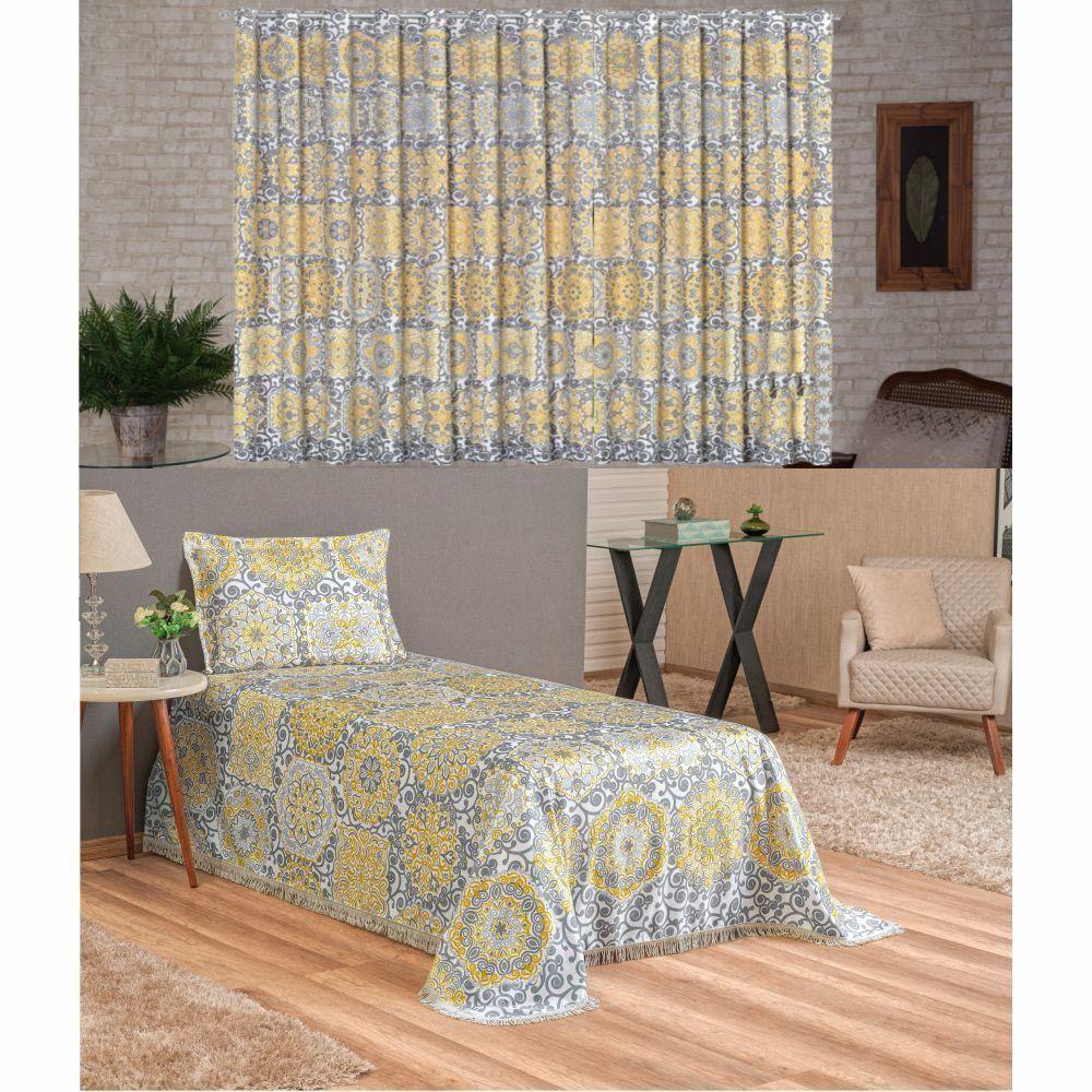 Kit Belline Colcha Solteiro + Cortina 2 Metros 3 Peças - Bege - 1