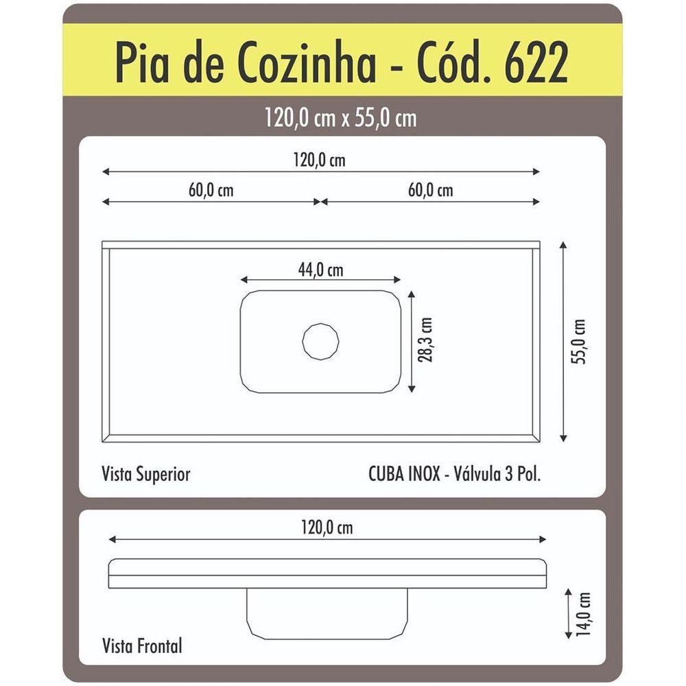 Pia De Cozinha Roralit Granitado Com Cuba Em Inox 120Cm 562208 Travertino - 2