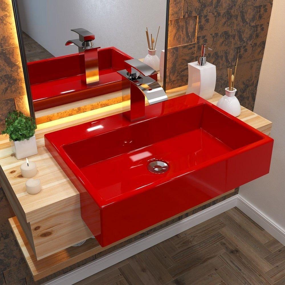 Cuba Pia Semi Encaixe para Banheiro Retangular 54cm Vermelho - 7