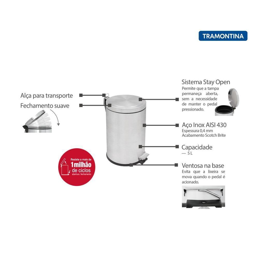 Lixeira Inox com Pedal Tramontina Balde Interno Removível 5L - 4