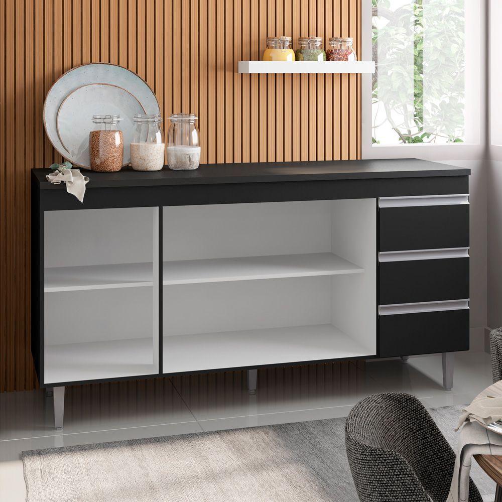 Balcão De Pia Cozinha 3 Portas 150Cm Preto Sem Tampo - 4