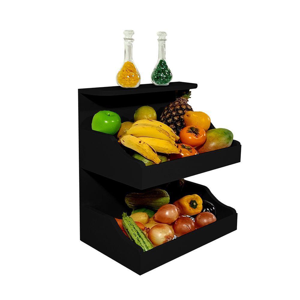 Fruteira Suspensa De Parede Com Painel Porta Legumes Cozinha Em Madeira Preto Laca - 1