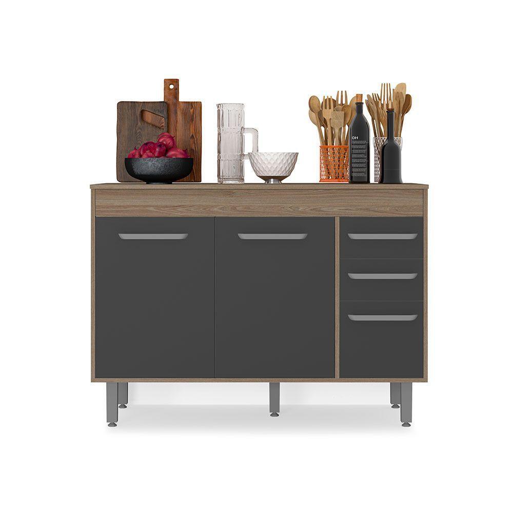 Balcão 3 Portas 2 Gavetas 120Cm S/ Tampo Carvalho C/ Grafite - 4