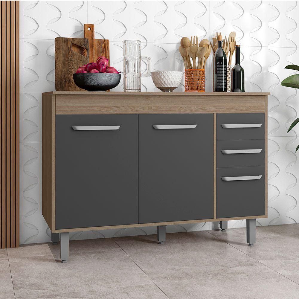 Balcão 3 Portas 2 Gavetas 120Cm S/ Tampo Carvalho C/ Grafite - 6