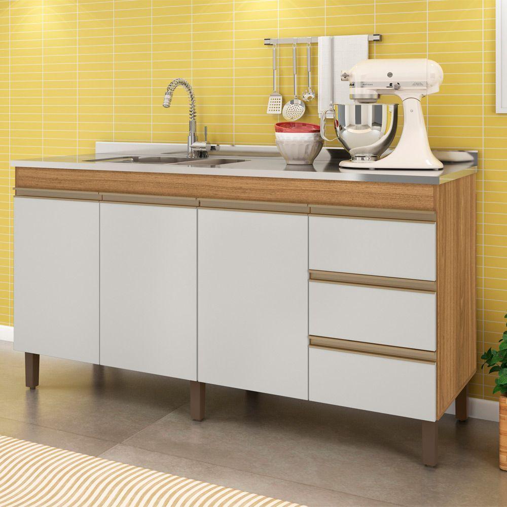 Balcão de Pia 3 Portas 3 Gavetas 159cm Nature Off White - 1