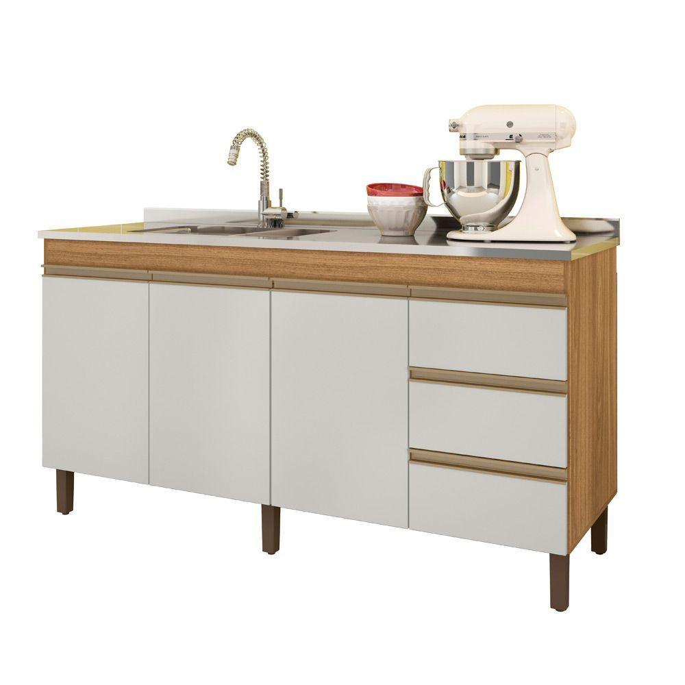 Balcão de Pia 3 Portas 3 Gavetas 159cm Nature Off White - 3