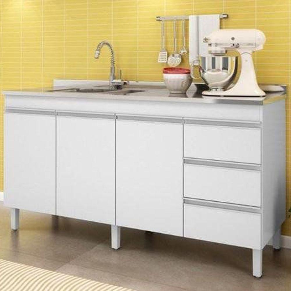 Balcão de Pia 159cm 3 Portas 3 Gavetas Branco - 1