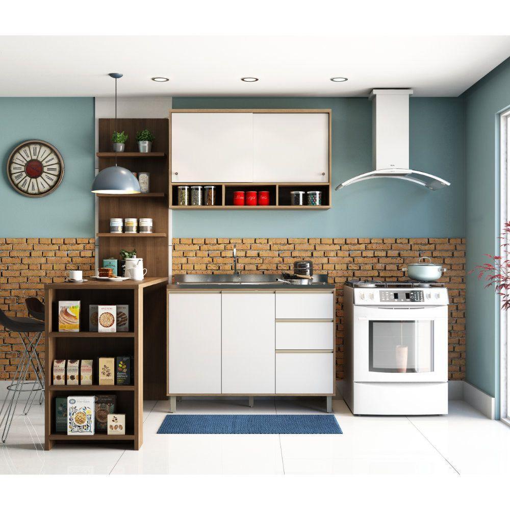 Cozinha Completa 4 Peças E Balcão Branco Laca E Nogueira - 1