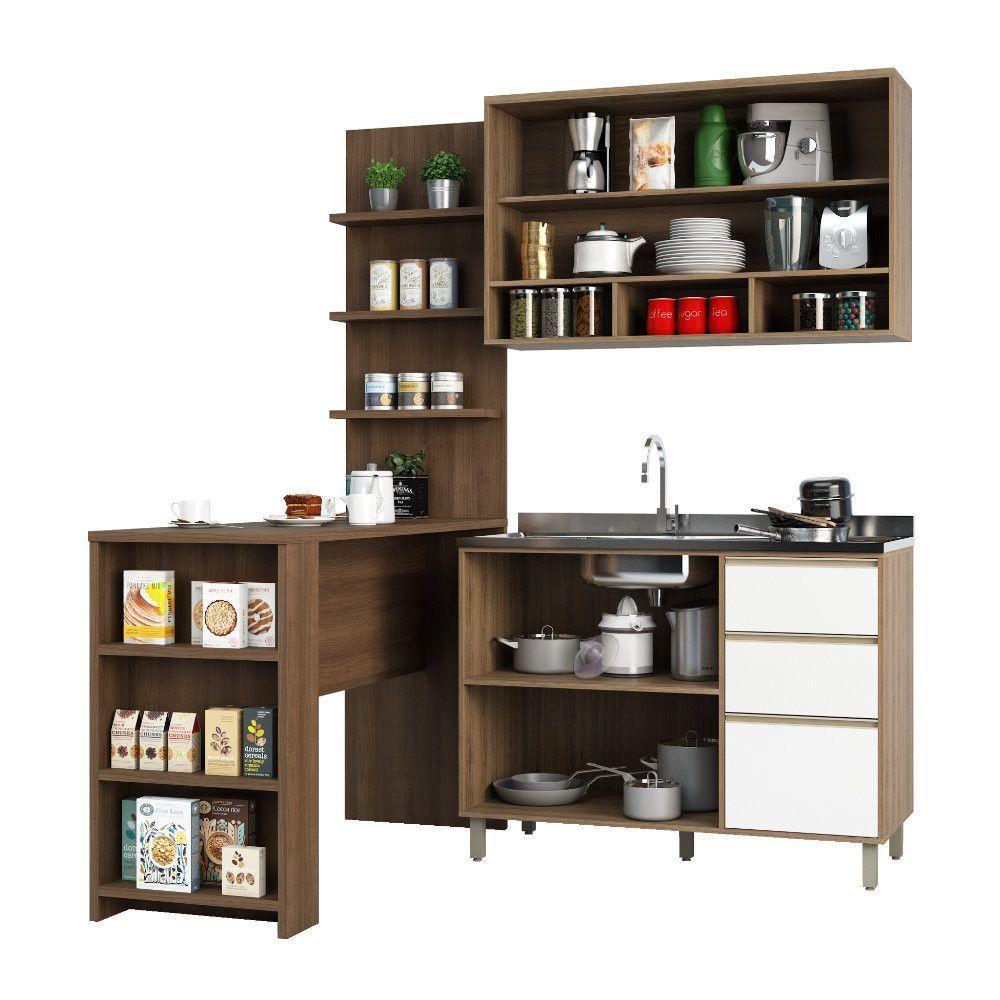 Cozinha Completa 4 Peças E Balcão Branco Laca E Nogueira - 6