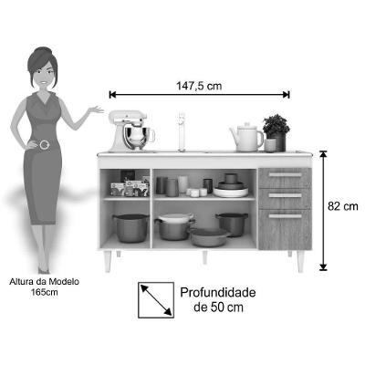 Balcão Gabinete De Pia 150Cm 4 Portas 2 Gavetas Com Tampo Lis L03 Branco