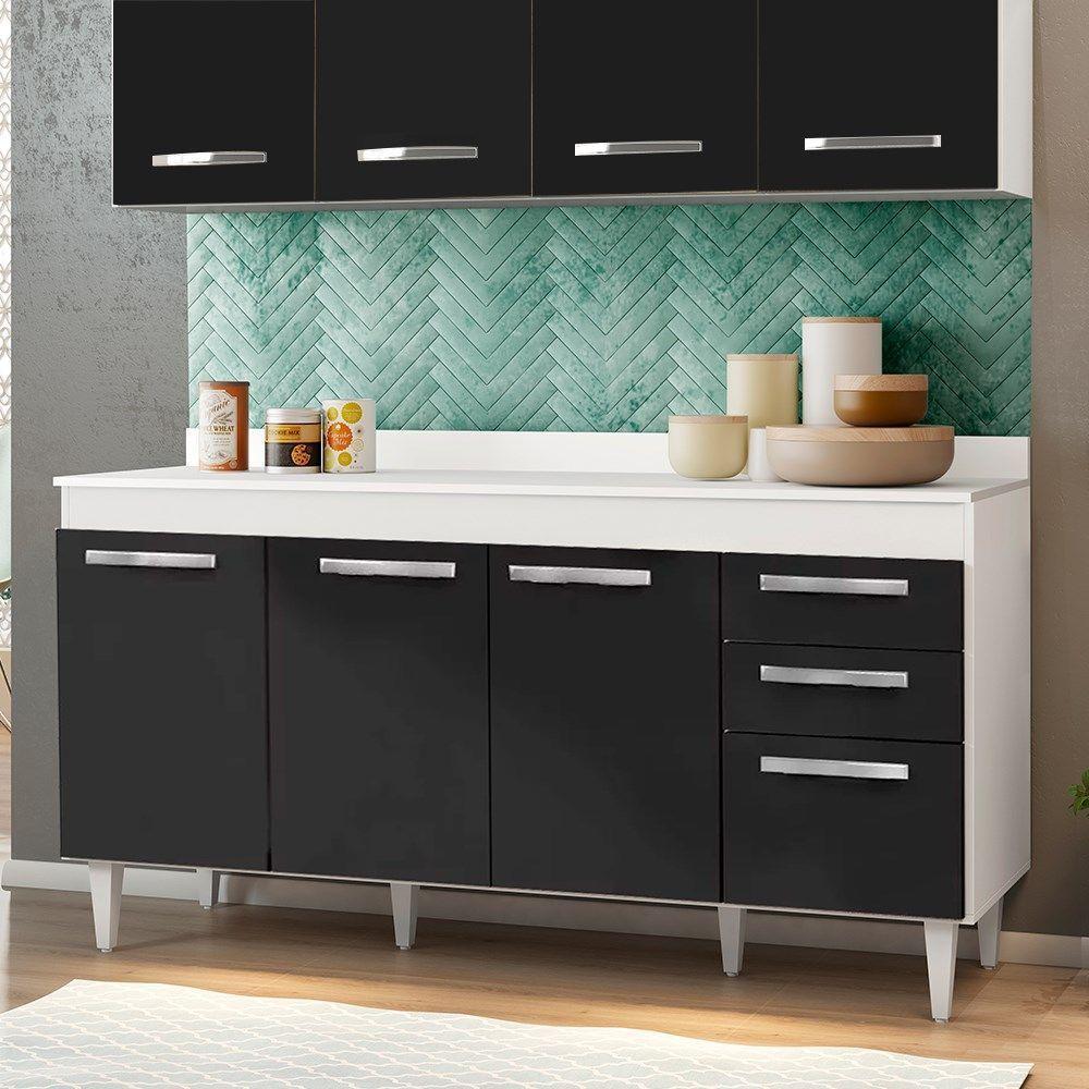 Balcão Gabinete De Pia 150Cm 4 Portas 2 Gavetas Com Tampo Lis L03 Branco Preto - 5