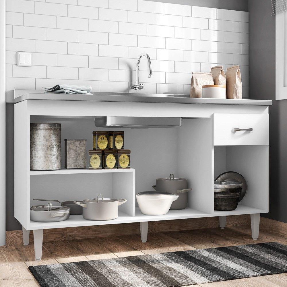 Balcão Gabinete Gabriela Com Pia Inox 150Cm 4 Portas Branco/Preto - Ajl Móveis - 8