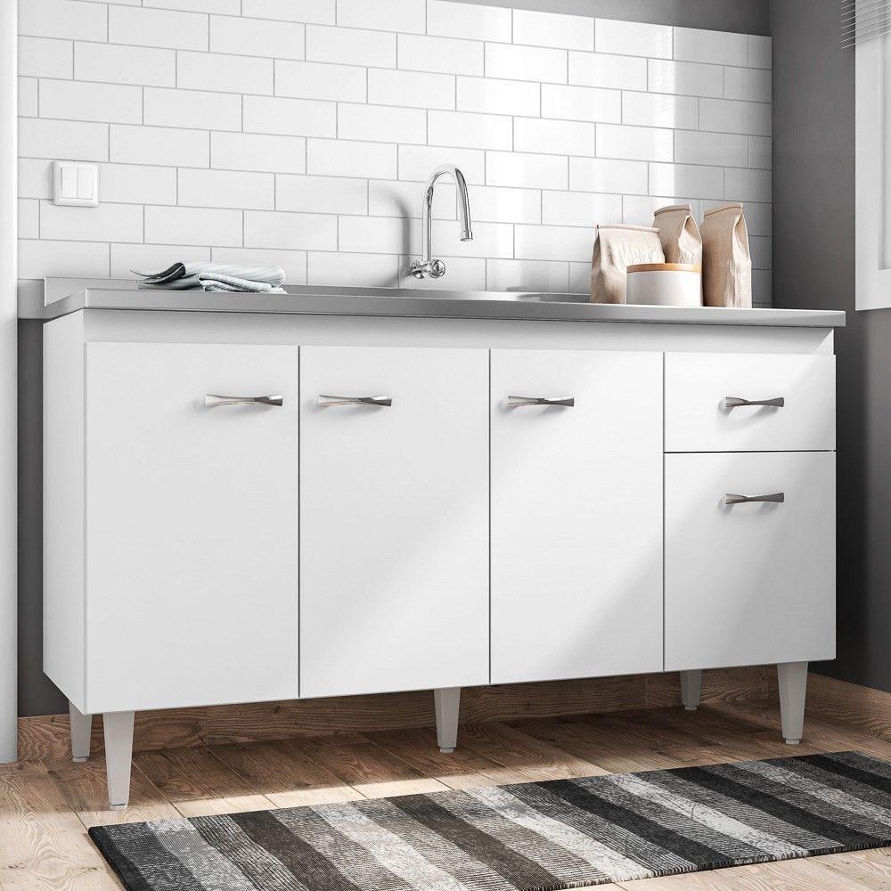 Balcão Gabinete Gabriela Com Pia Inox 150Cm 4 Portas Branco/Preto - Ajl Móveis - 7