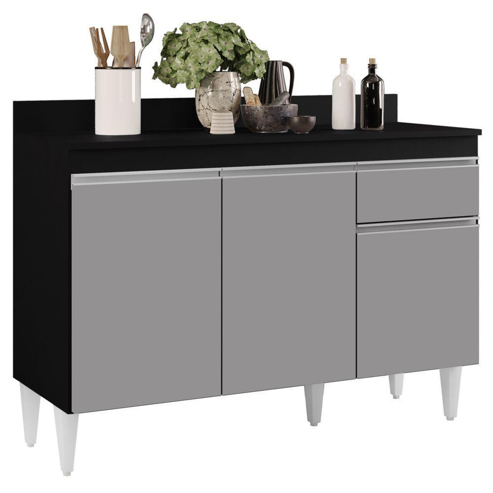 Balcão Gabinete 120cm Com Tampo 3 Portas 1 Gaveta Preto - 1