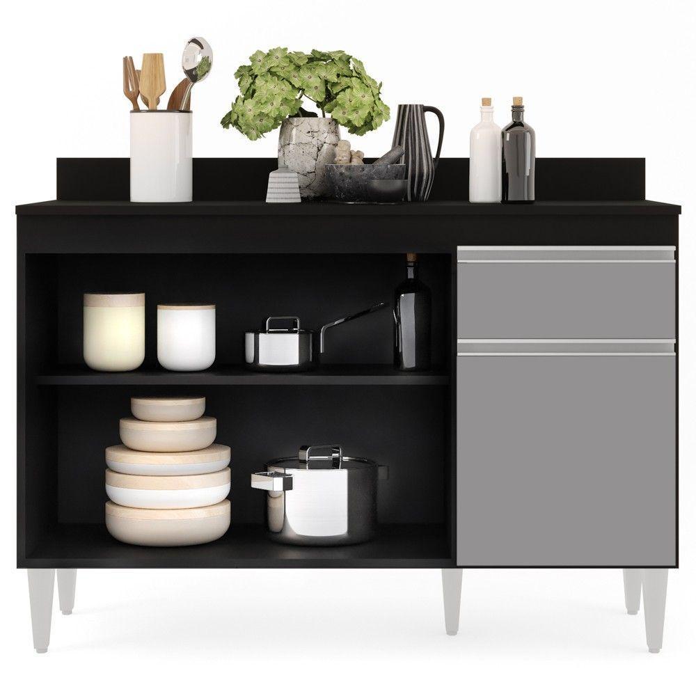Balcão Gabinete 120cm Com Tampo 3 Portas 1 Gaveta Preto - 6