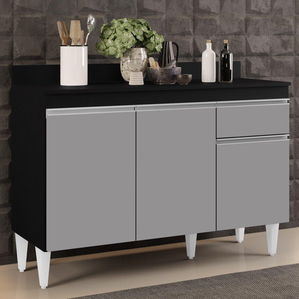 Balcão Gabinete 120cm Com Tampo 3 Portas 1 Gaveta Preto - 7