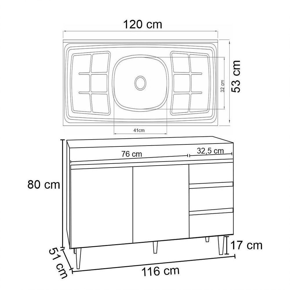 Balcão Gabinete Com Pia Inox 120Cm 2 Portas 3 Gavetas Andréia Preto Total - Ajl Móveis - 2