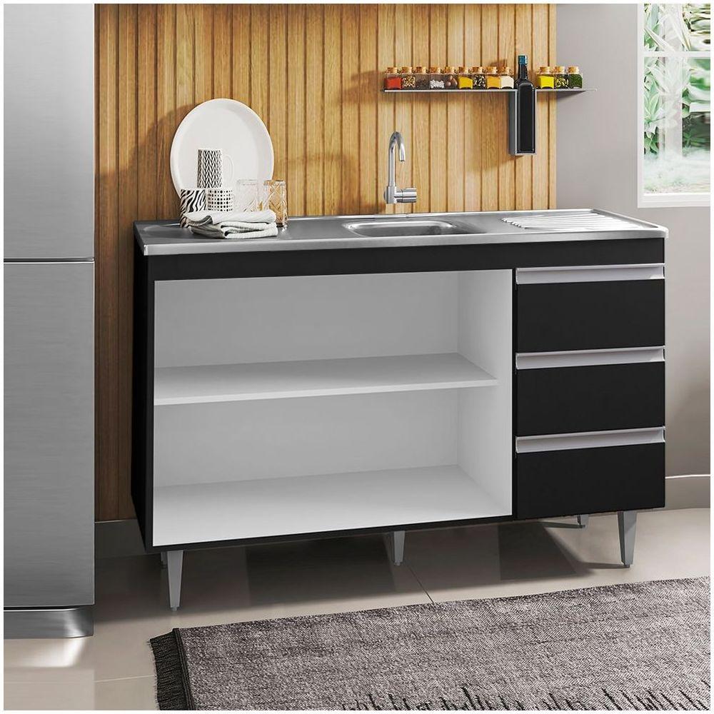 Balcão Gabinete Com Pia Inox 120Cm 2 Portas 3 Gavetas Andréia Preto Total - Ajl Móveis - 3