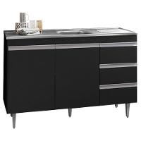 Balcão Gabinete Com Pia Inox 120Cm 2 Portas 3 Gavetas Andréia Preto Total - Ajl Móveis - 1