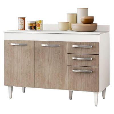 Balcão Gabinete De Pia Com Tampo Suécia 120Cm 03 Portas 02 Gavetas Branco Castanho