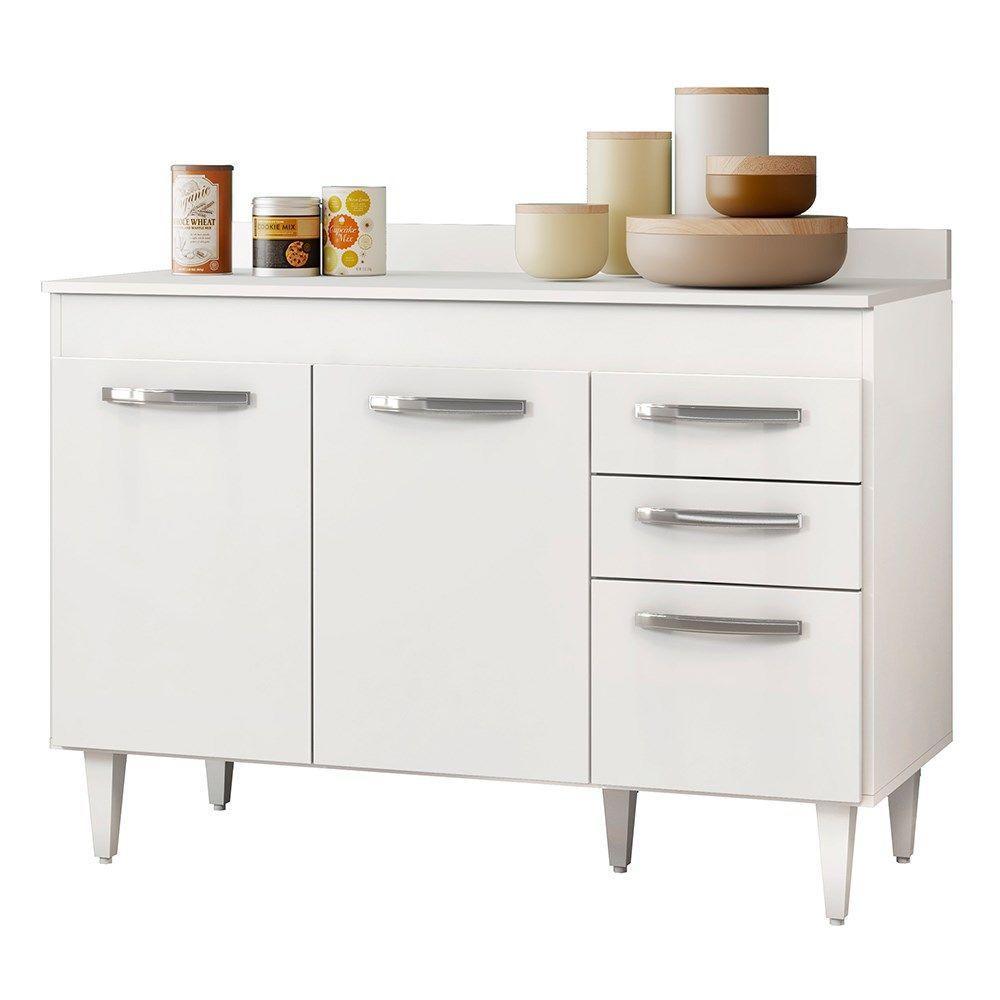 Balcão Gabinete De Pia Com Tampo Suécia 120Cm 03 Portas 02 Gavetas Branco - 1