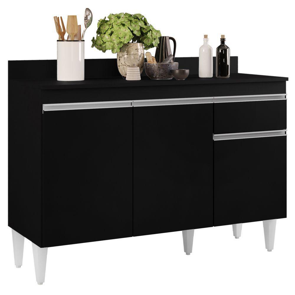 Balcão Gabinete 120cm Com Tampo 3 Portas 1 Gaveta Preto - 1