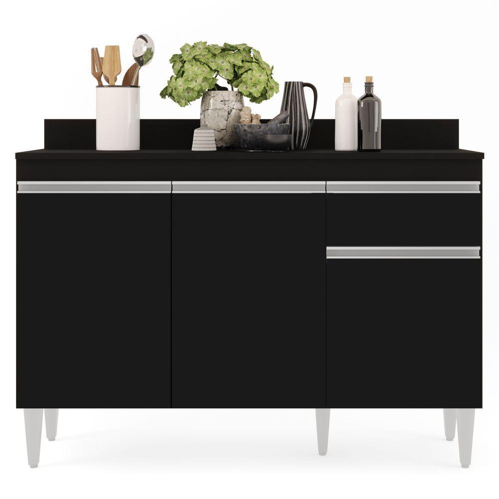 Balcão Gabinete 120cm Com Tampo 3 Portas 1 Gaveta Preto - 2