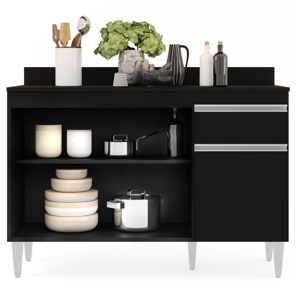 Balcão Gabinete 120cm Com Tampo 3 Portas 1 Gaveta Preto - 6