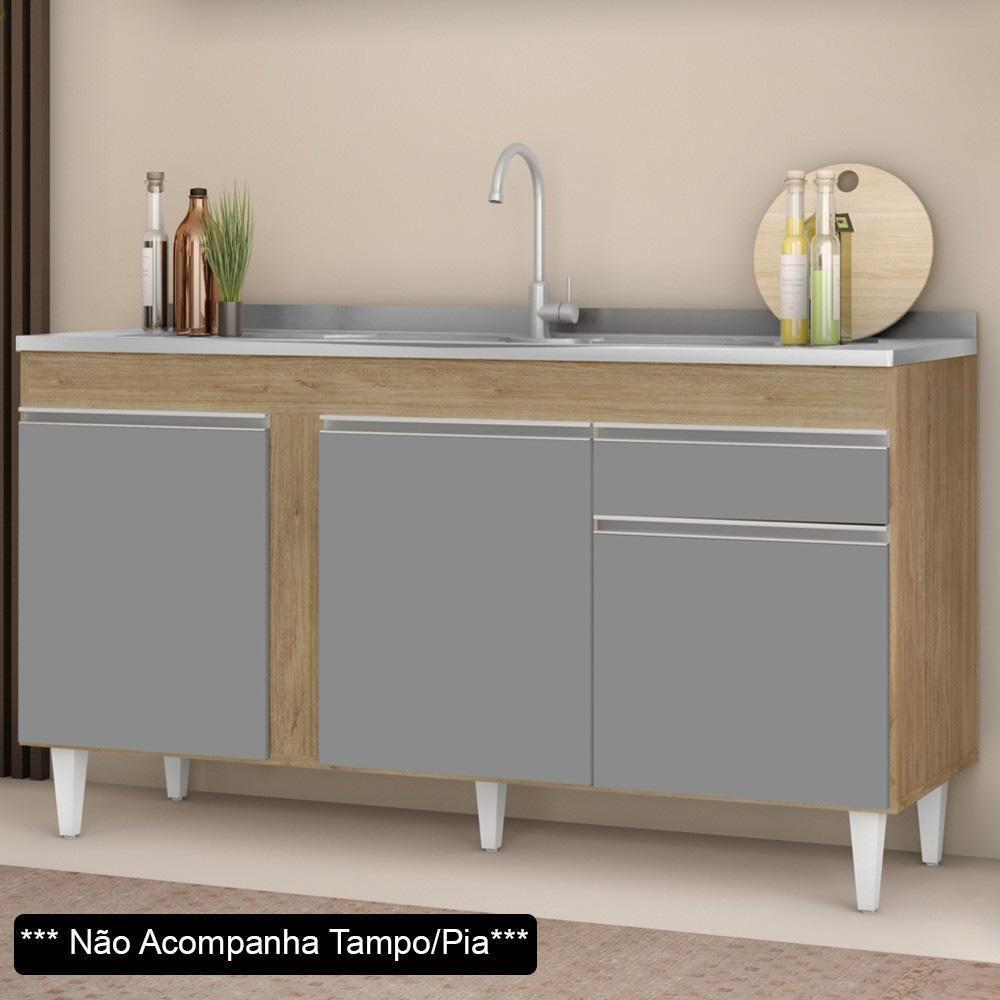 Balcão Para Pia 150cm 3 Portas 1 Gaveta Castanho/Cinza - 6
