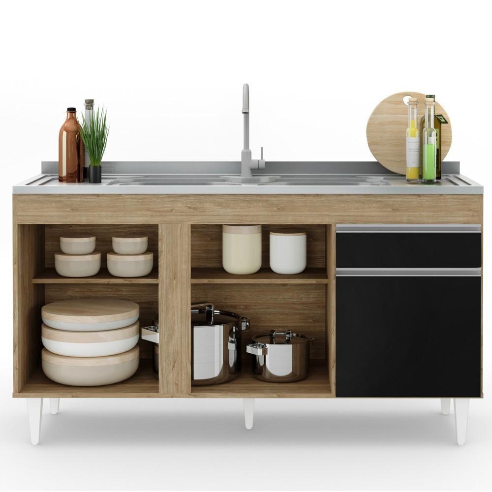 Balcão Para Pia 150cm 3 Portas 1 Gaveta Castanho/Preto - 5