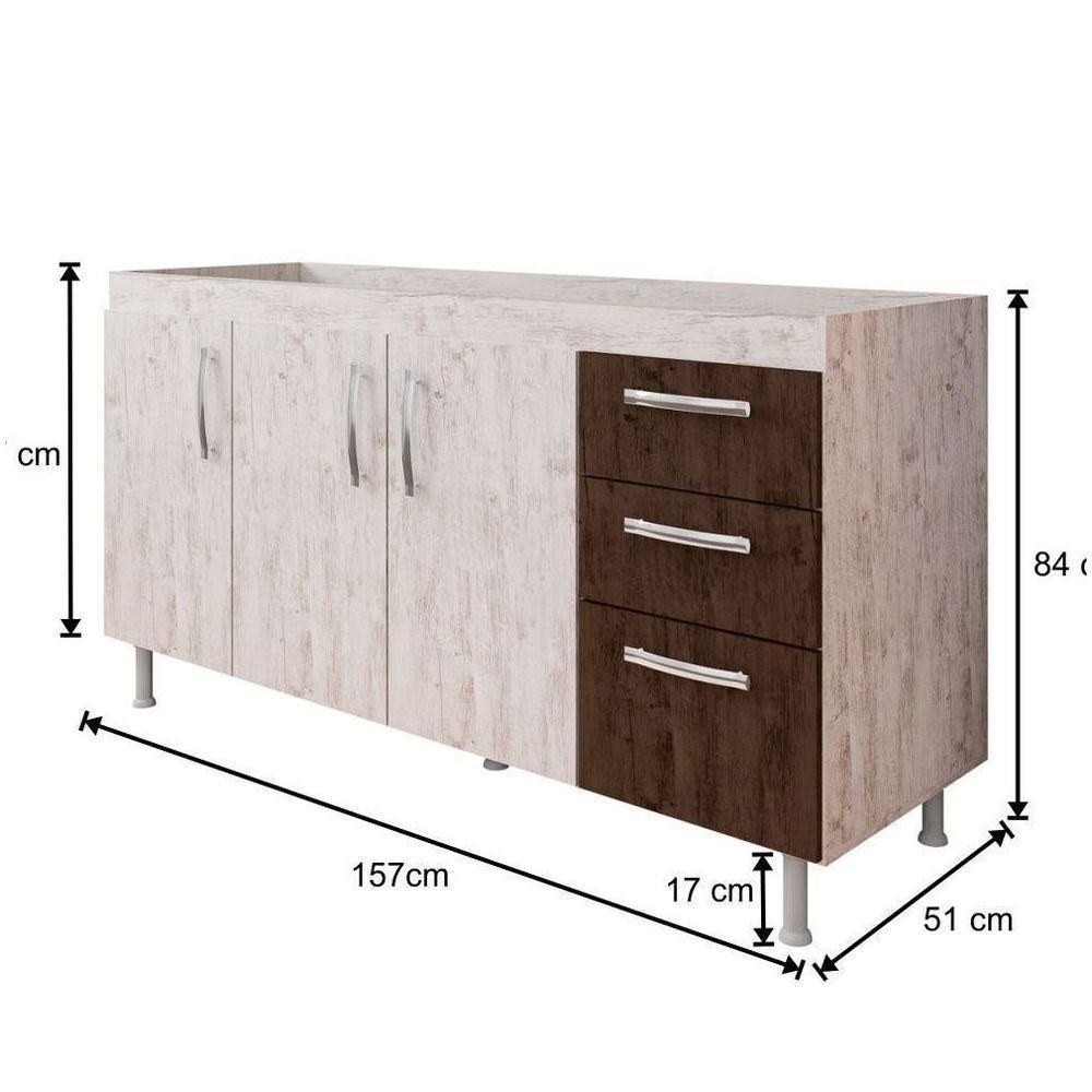 Balcão Gabinete De Pia Sem Tampo 160cm Nathan 3 Portas Rústico/chocolate - Nathy Móveis - 2