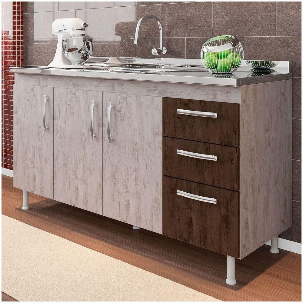 Balcão Gabinete De Pia Sem Tampo 160cm Nathan 3 Portas Rústico/chocolate - Nathy Móveis - 4