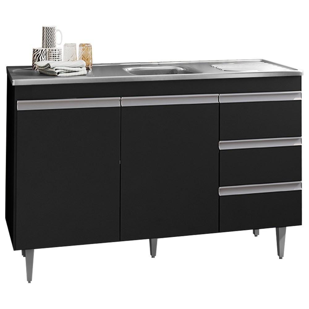 Balcão Com Pia Inox 120cm 2 Portas 3 Gavetas Preto Total - 1