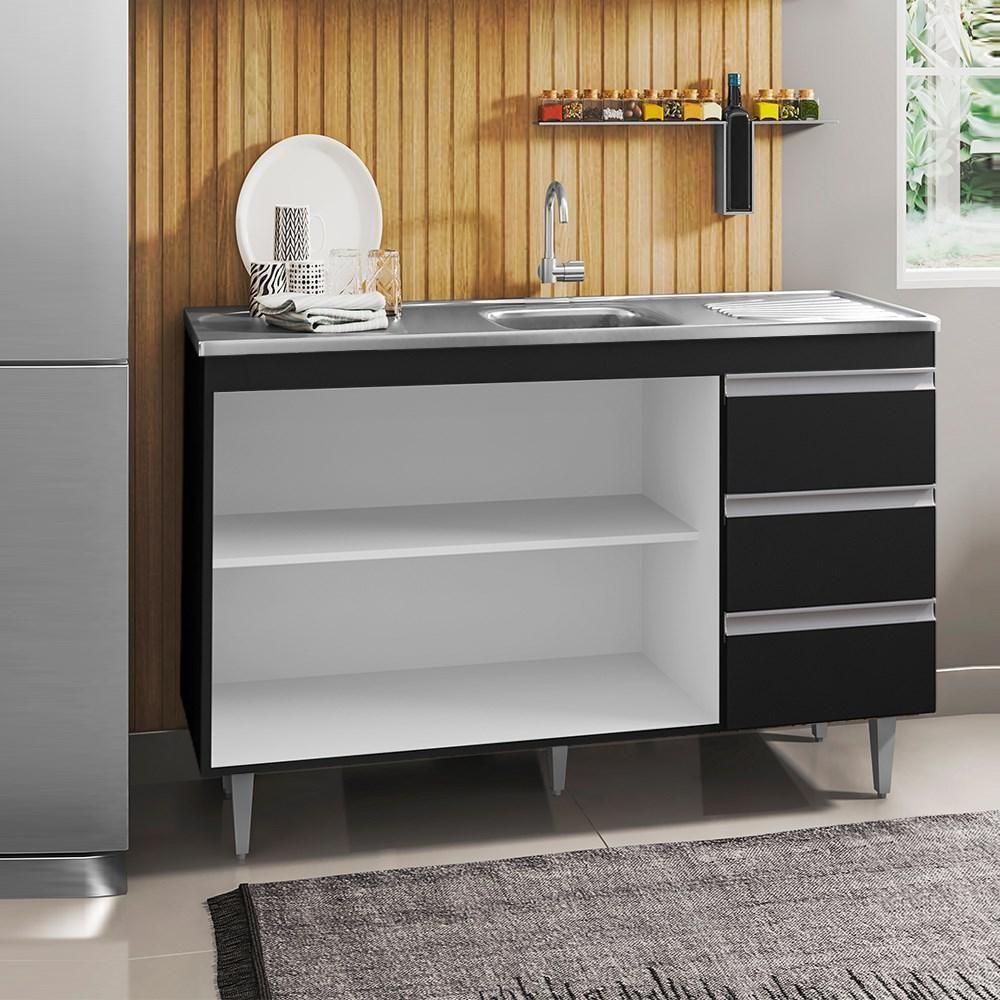 Balcão Com Pia Inox 120cm 2 Portas 3 Gavetas Preto Total - 3