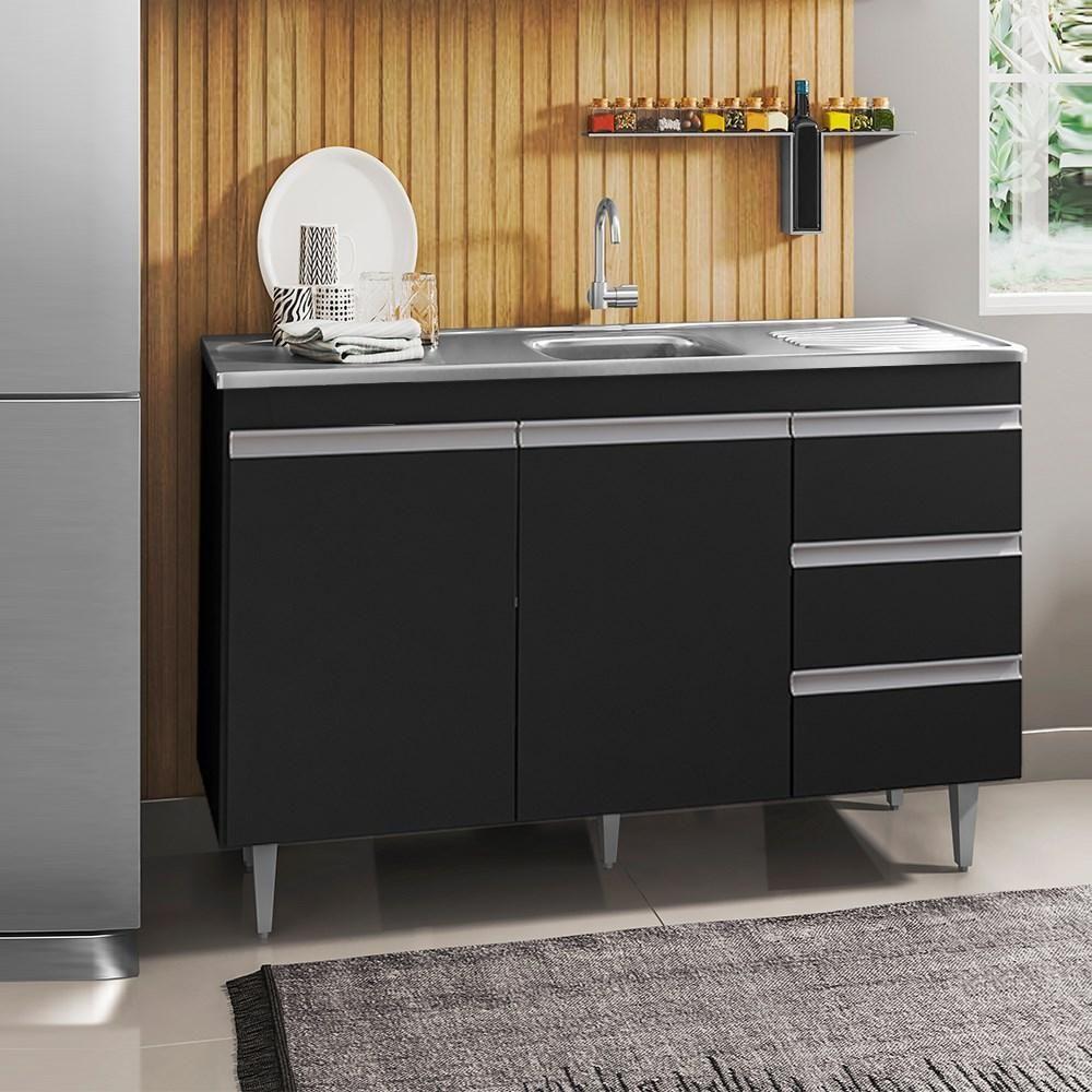 Balcão Com Pia Inox 120cm 2 Portas 3 Gavetas Preto Total - 4