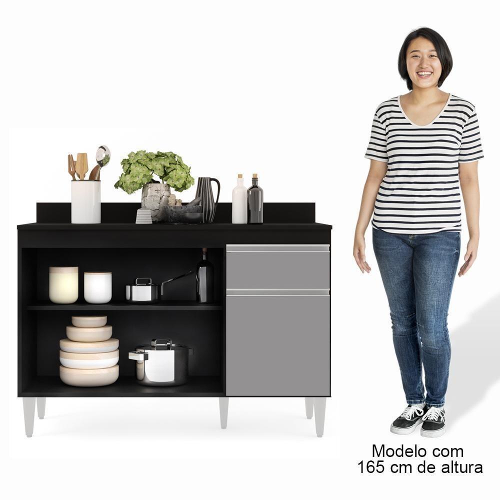 Balcão Gabinete 120cm 3 Portas 1 Gaveta Preto/Cinza - 4