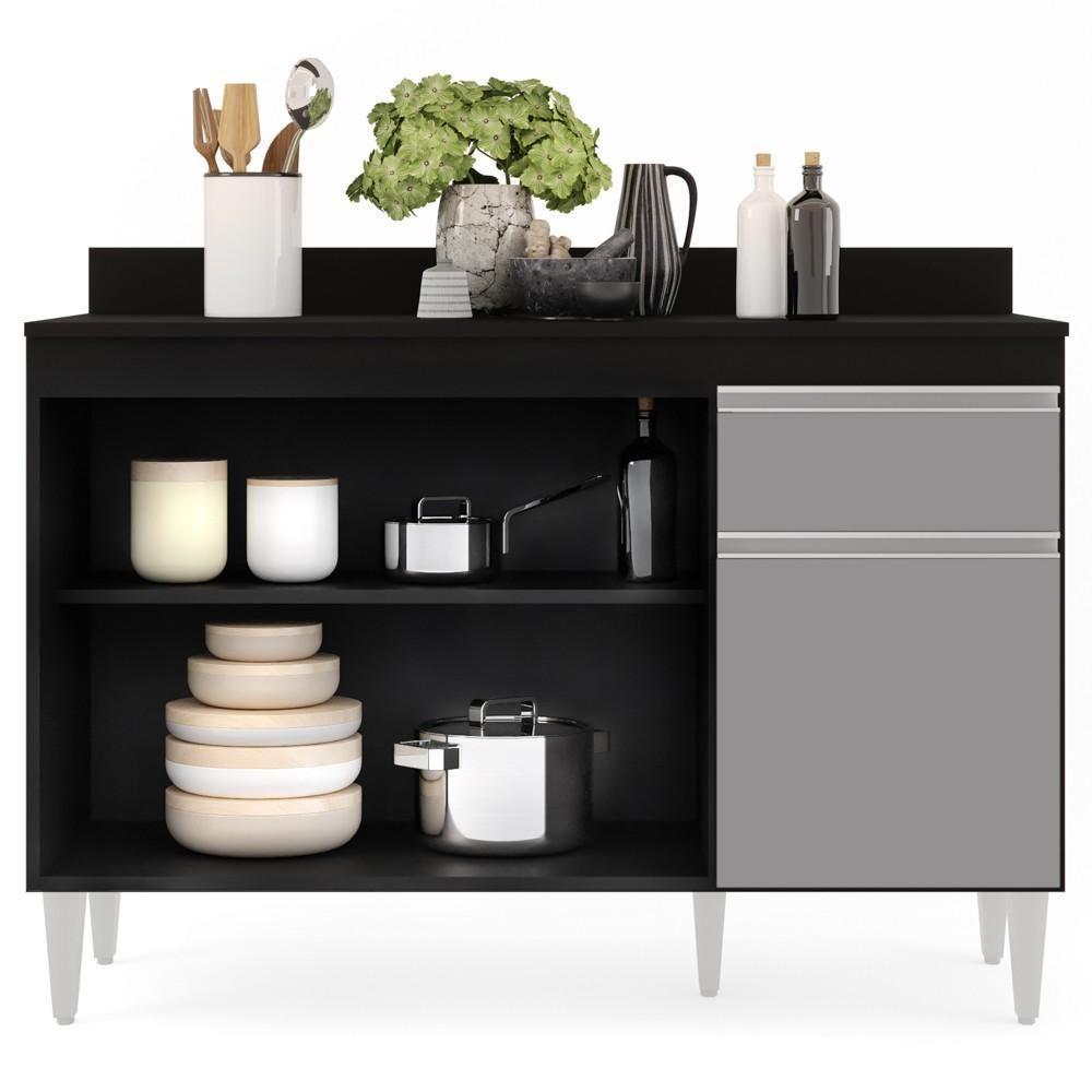 Balcão Gabinete 120cm 3 Portas 1 Gaveta Preto/Cinza - 6