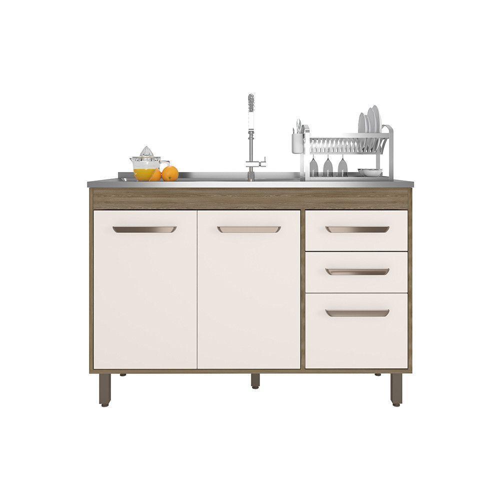 Balcão 3 Portas 2 Gavetas 120 Cm Sem Tampo Barcelona Poliman Carvalho Com Off White - 1