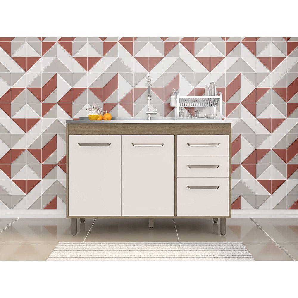 Balcão 3 Portas 2 Gavetas 120 Cm Sem Tampo Barcelona Poliman Carvalho Com Off White - 3