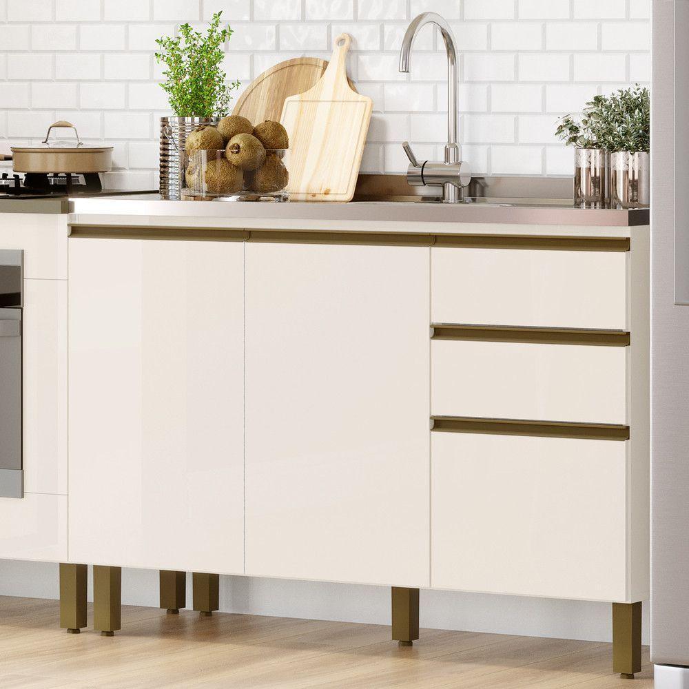 Balcão De Cozinha Pia 120 Cm 3 Portas 2 Gavetas Connect Henn Off White - 2