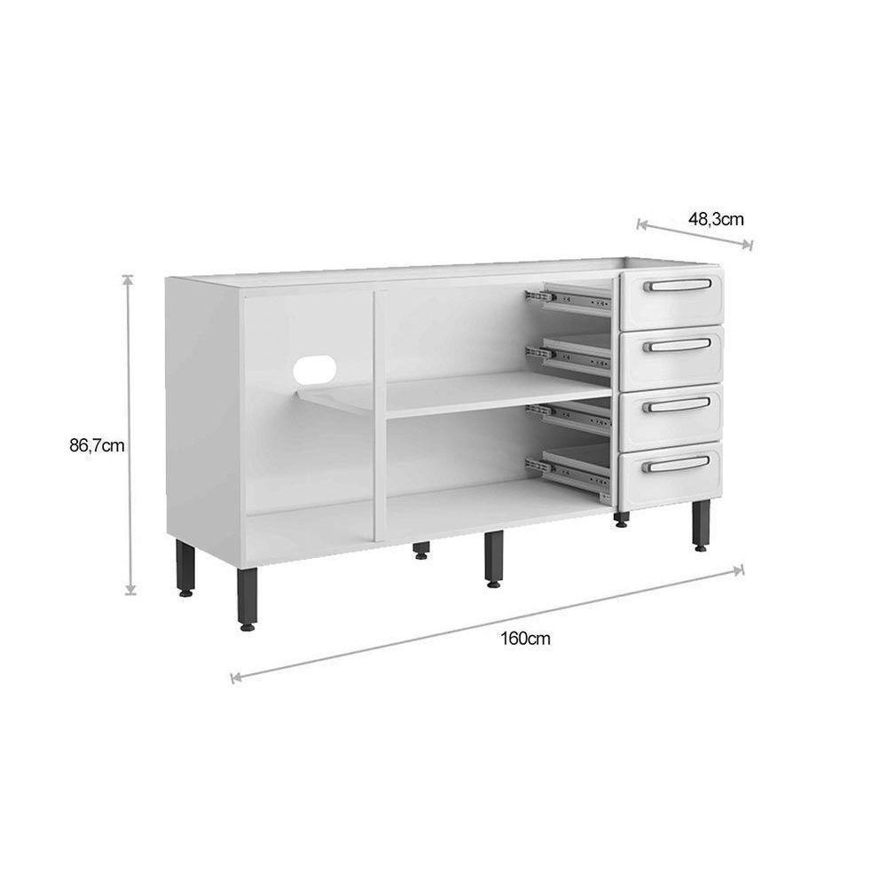 Balcão de Cozinha Evidence 7028 3 Portas 4 Gavetas s/ Tampo 160cm Branco/Preto - Bertolini - 3