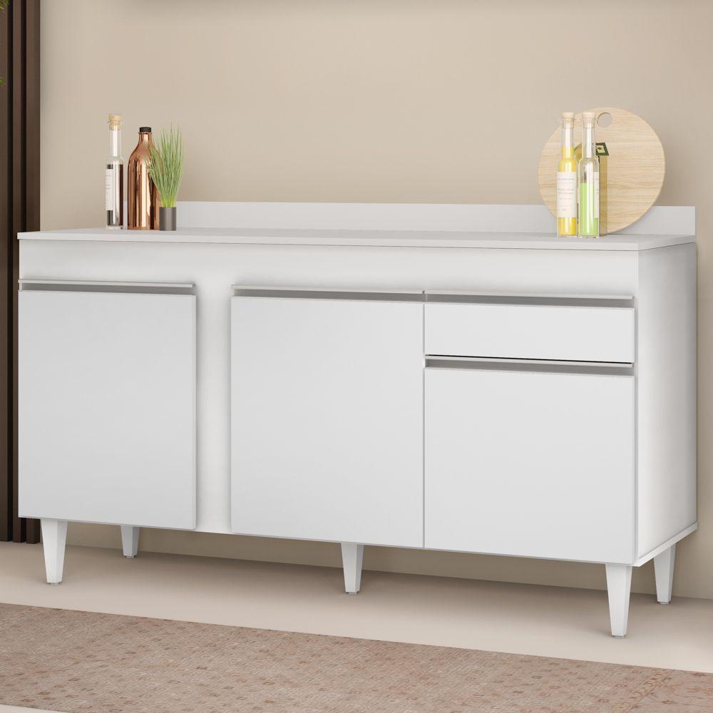 Balcão Gabinete Para Pia Com Tampo 150cm 3 Portas 1 Gaveta Dakota Branco - Lumil - 8