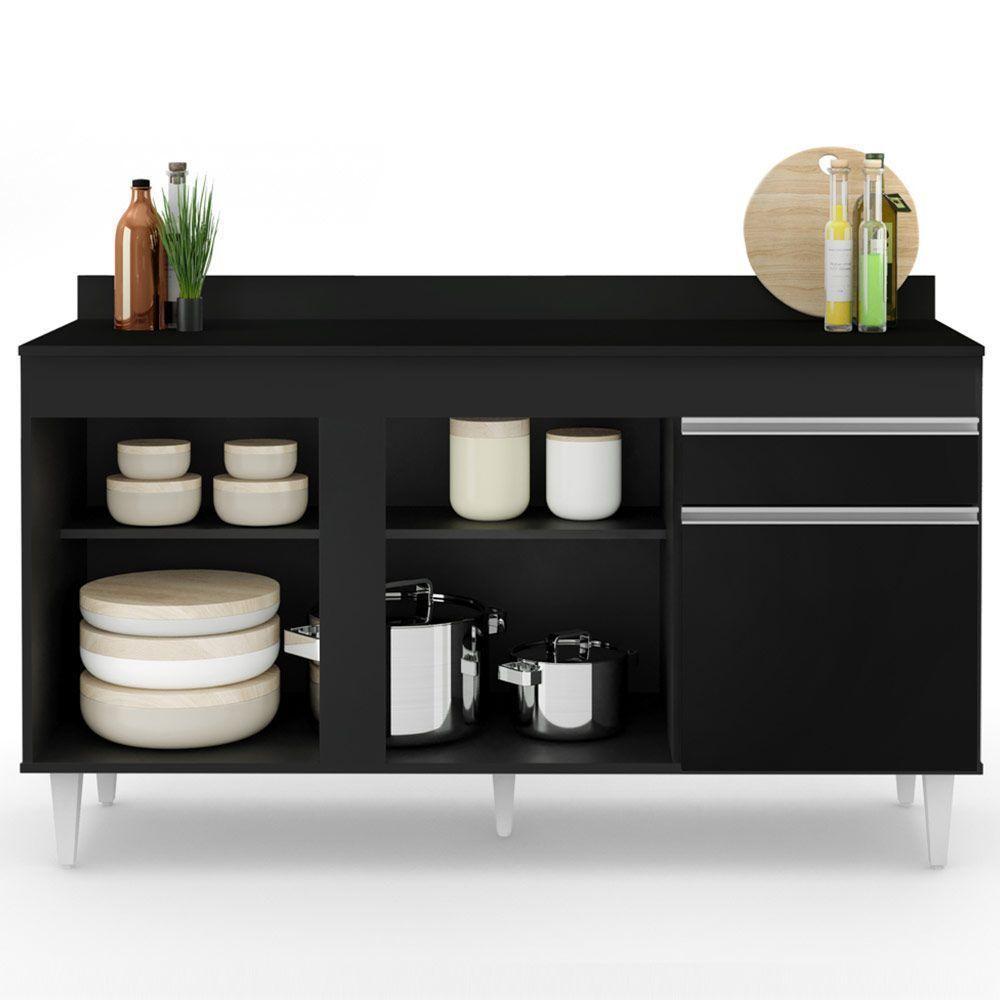 Balcão Gabinete Para Pia Com Tampo 150cm 3 Portas 1 Gaveta Dakota Preto - Lumil - 7