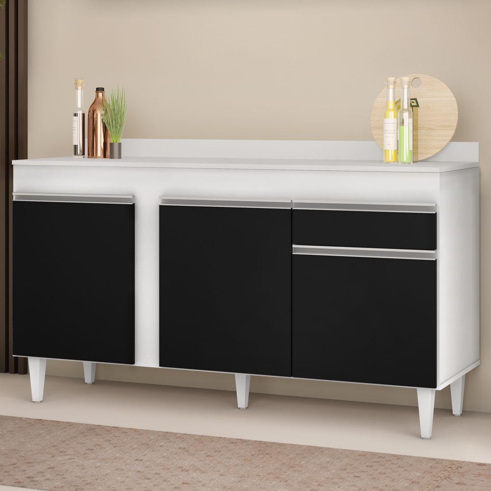 Balcão Gabinete Para Pia Com Tampo 150cm 3 Portas 1 Gaveta Dakota Branco/preto - Lumil - 7