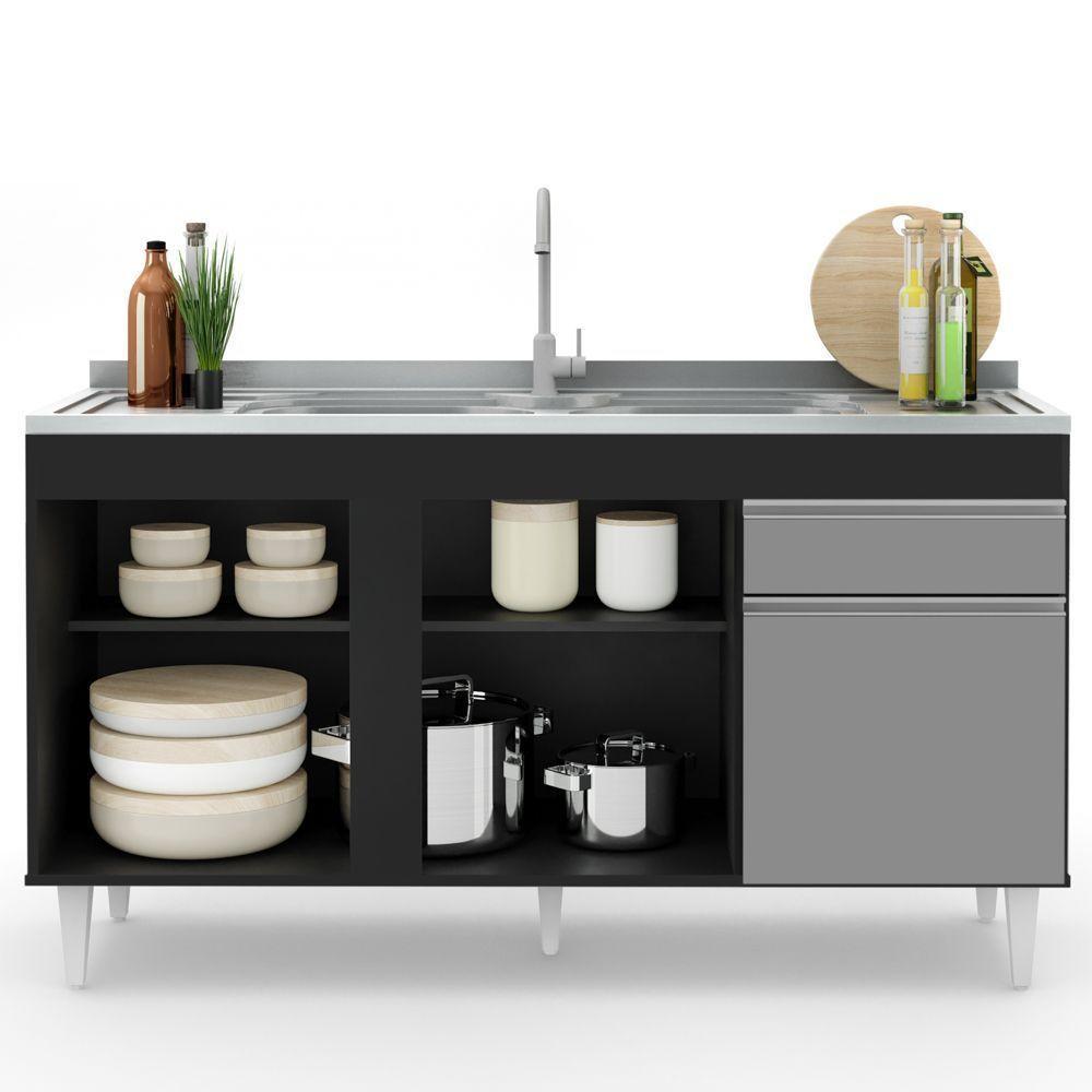 Balcão Gabinete Com Pia Inox 150cm 3 Portas 1 Gaveta Dakota Preto/cinza - Lumil - 9