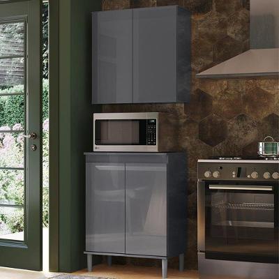 Conjunto Balcão Microondas Cozinha Armario 2 Portas Cinza Cinza